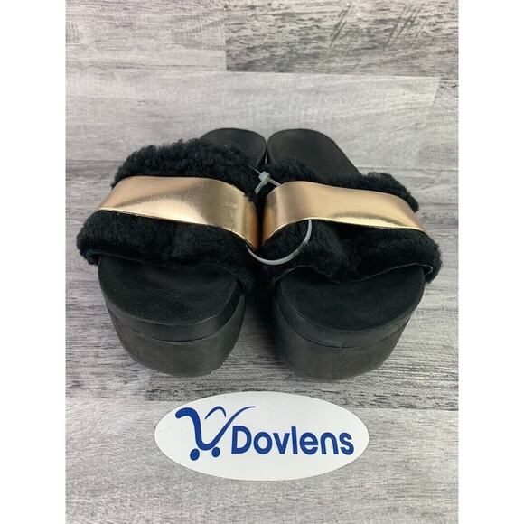 Schutz Womens Black & Gold Faux Fur Platform Slide Sandals Size 9.5B - Picture 2 of 5